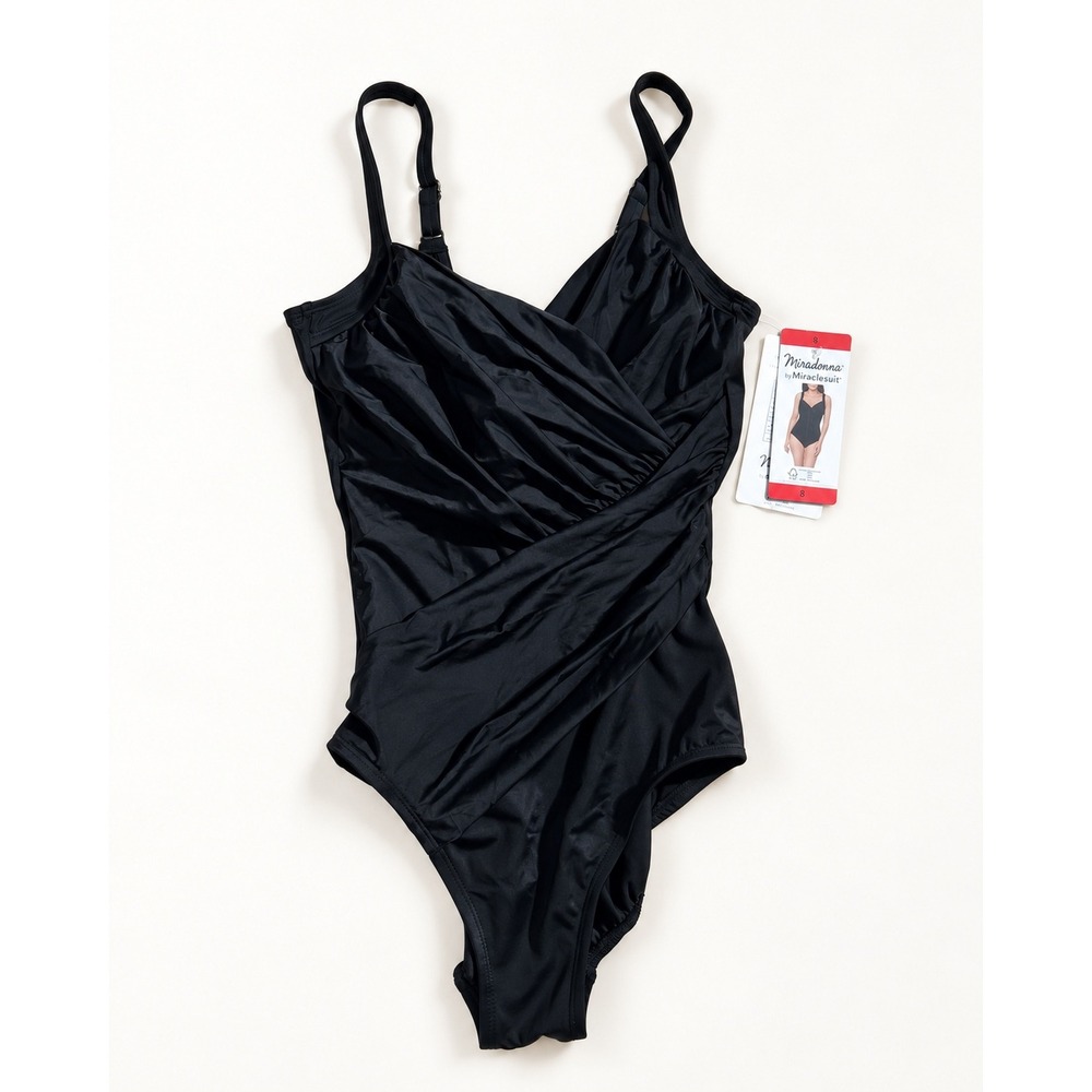 Miradonna by Miraclesuit Black Surplice One Piece Swimsuit 1974174 Sz 8 NWT